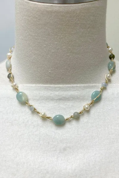 Amazonite and Pearl Choker | Freshwater Pearls Casual Necklace | By Pearly Girls