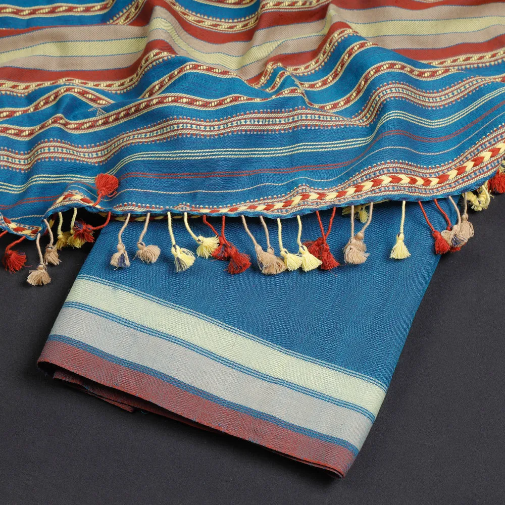 Blue - 2pc Kutch Bhujodi Weaving Handloom Fine Cotton Suit Material Set