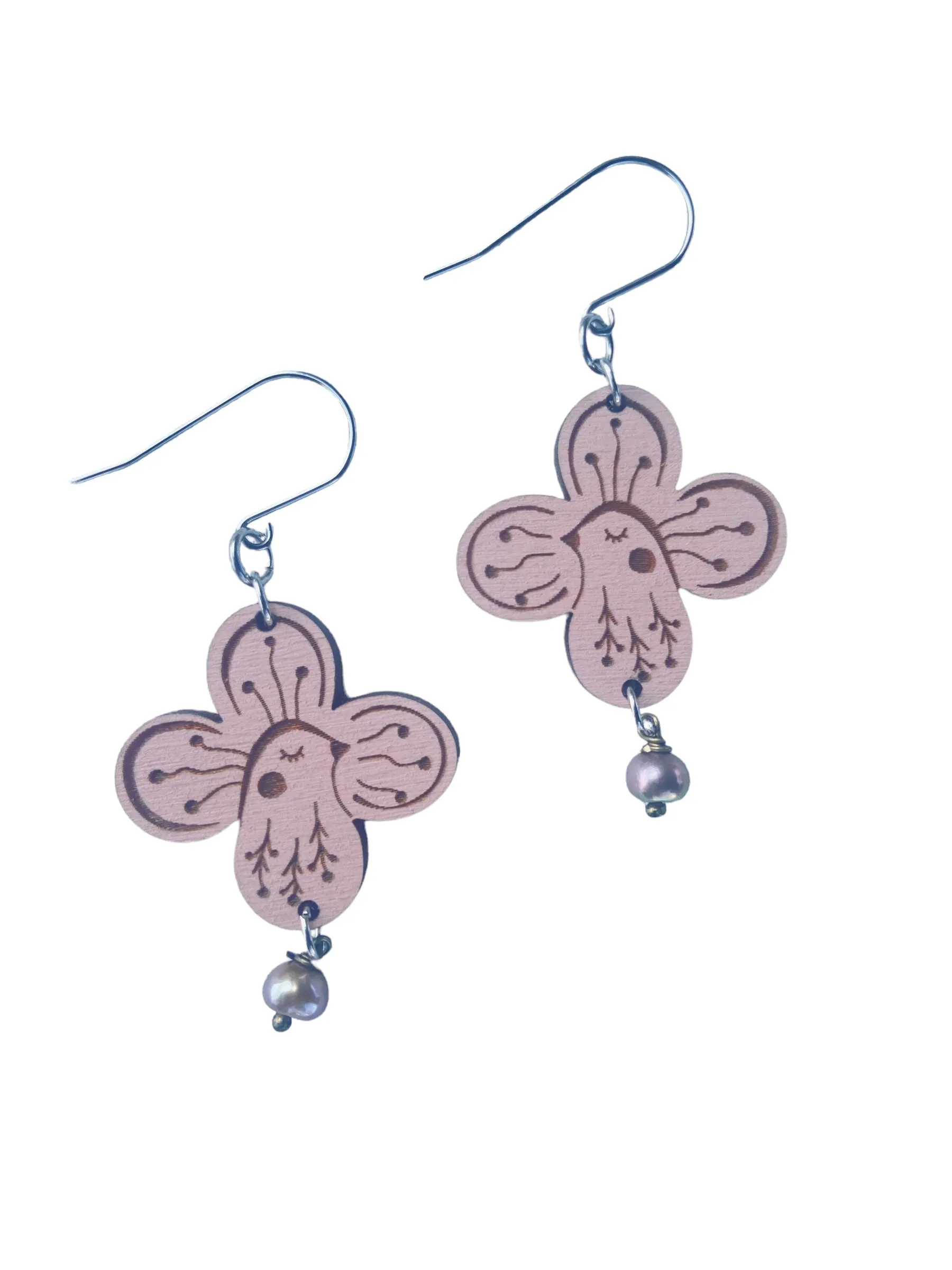 Dusty Rose/Pink Bird Flower Earrings, Lightweight, Hypoallergenic, Made in Vermont