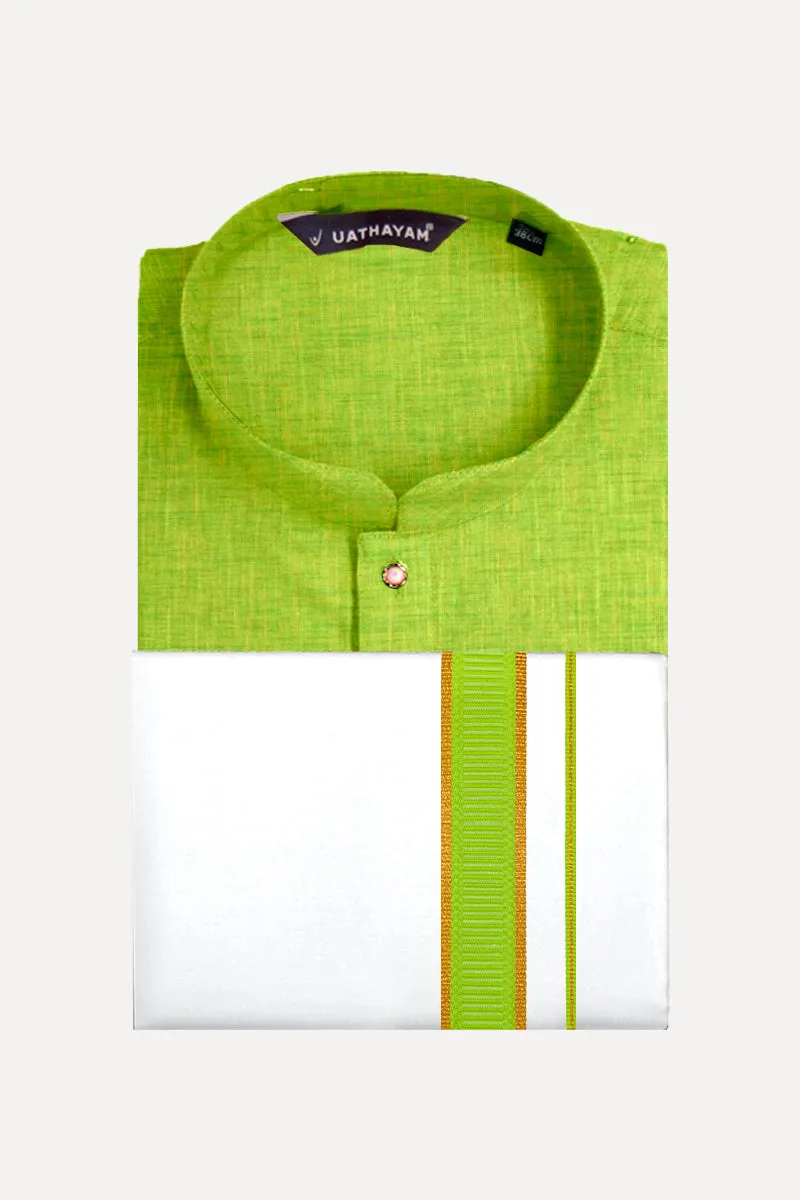 Exotic - Fluorescent Green Long Kurta and Fancy Dhoti Set For Men ( Assorted Borders ) | Uathayam