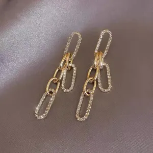 Gold Plated Korean Design Cz Décor Link Chain Drop Earrings For Women & Girls Cubic Zirconia Alloy Drops & Danglers - Pair Of 1