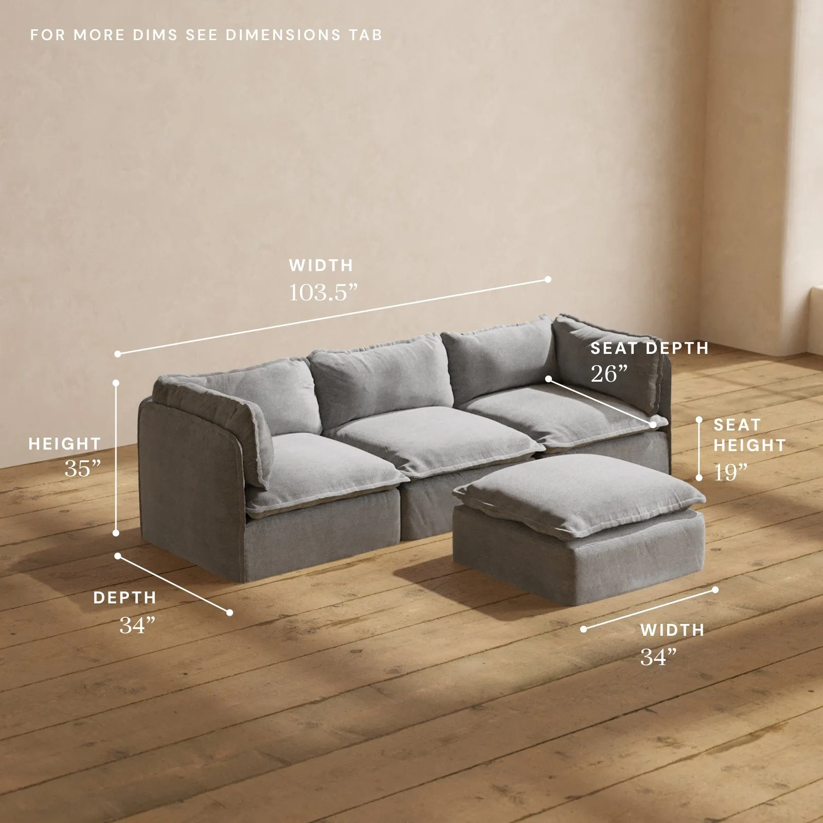 Modular Performance 3-Seater   Ottoman in Ash | Deluxe Blend